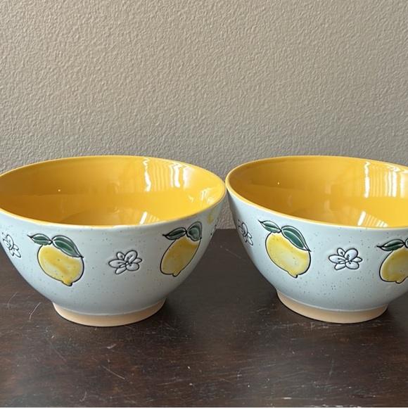 Set of 2 Spectrum Inhomestylez Lemon Print  Bowls Ceramic Beige NWT Diam 7” - Picture 2 of 2
